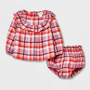 Cat & Jack Baby Girl Cotton Plaid Long Sleeve Tunic Top & Bloomers set 6-9M